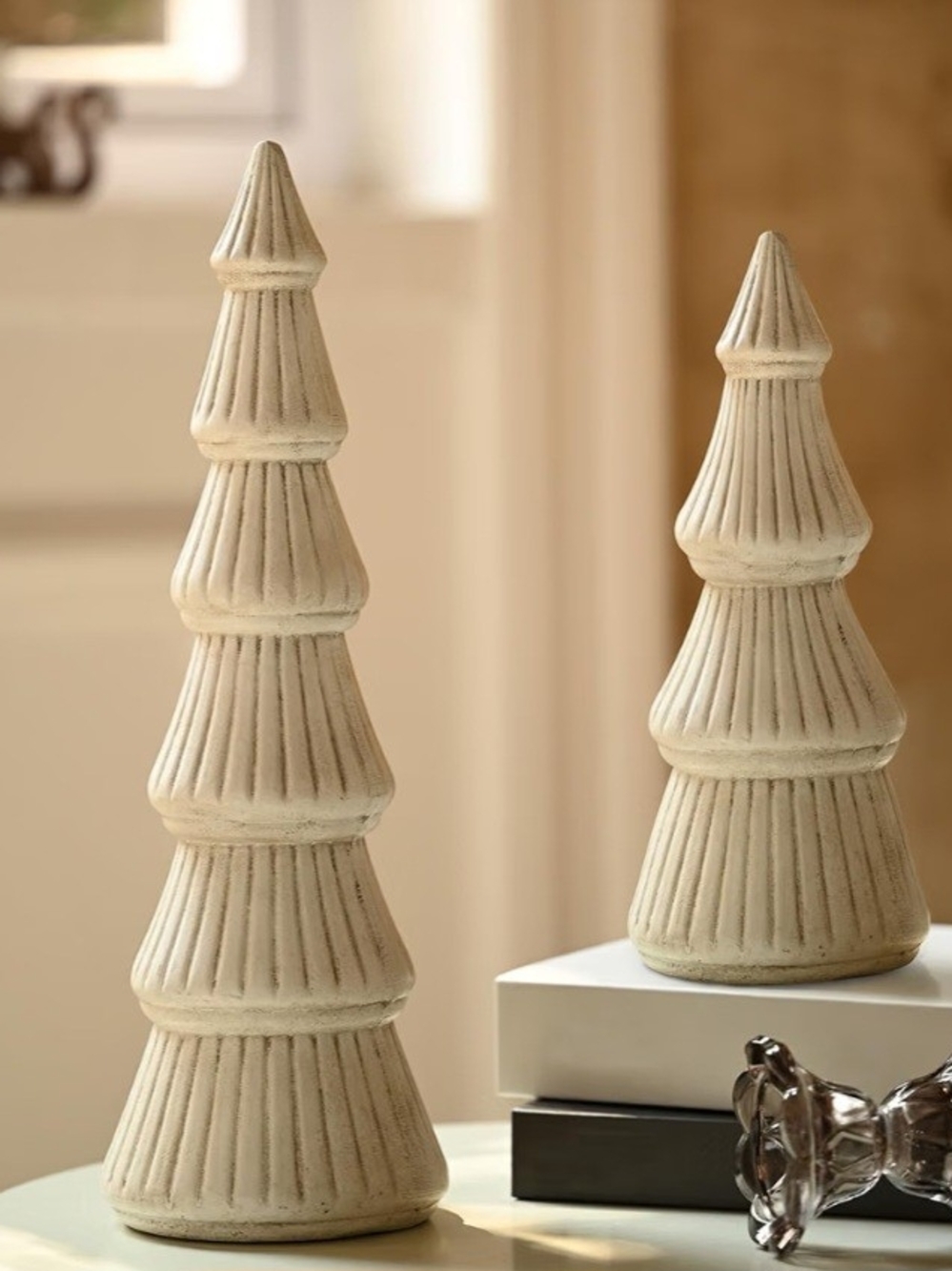 Cream Tapered Wooden Ribbed Holiday Tree DΓ©cor. 2 Piece Set. NEW.